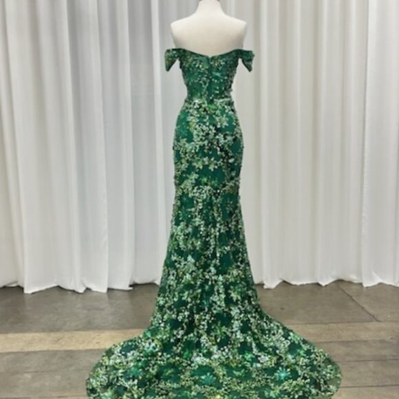 15. Green Spangle Off the Shoulder Mermaid Dress - Picture 3 of 4